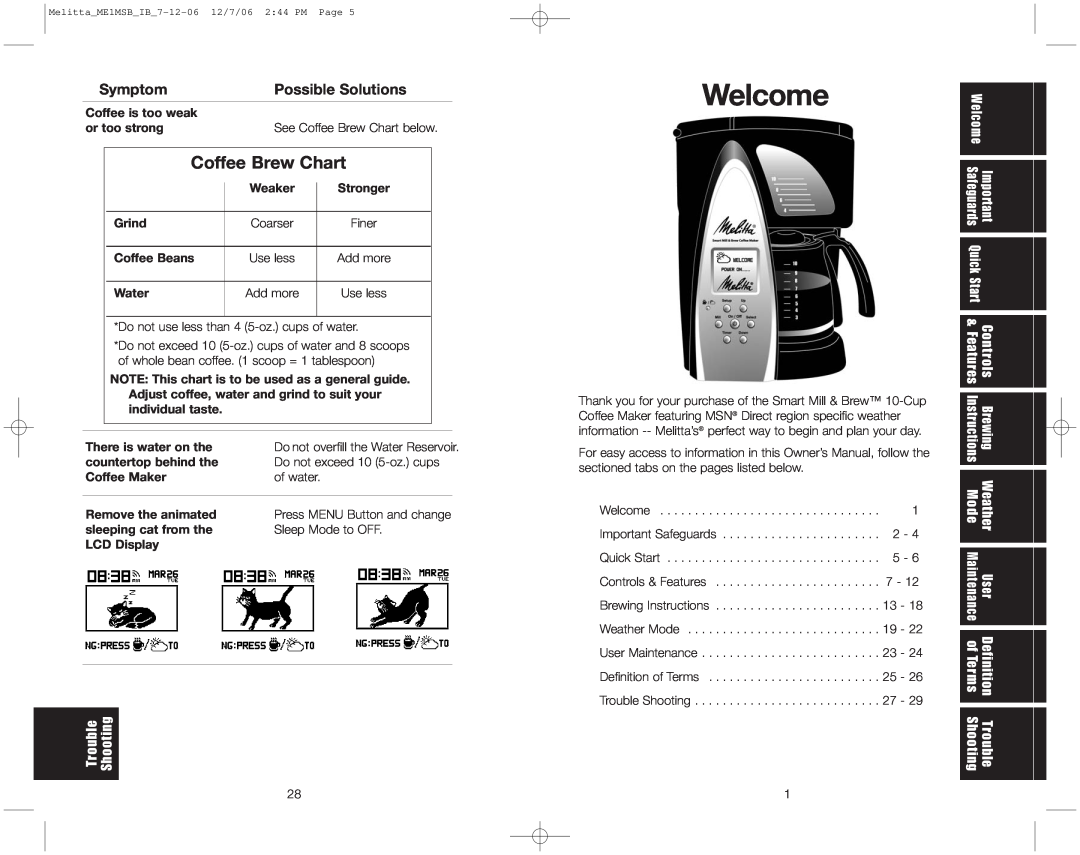 Melitta ME1MSB Welcome, Coffee Brew Chart, Possible Solutions, Shooting Trouble, Controls, Mode, Symptom, Features, User 