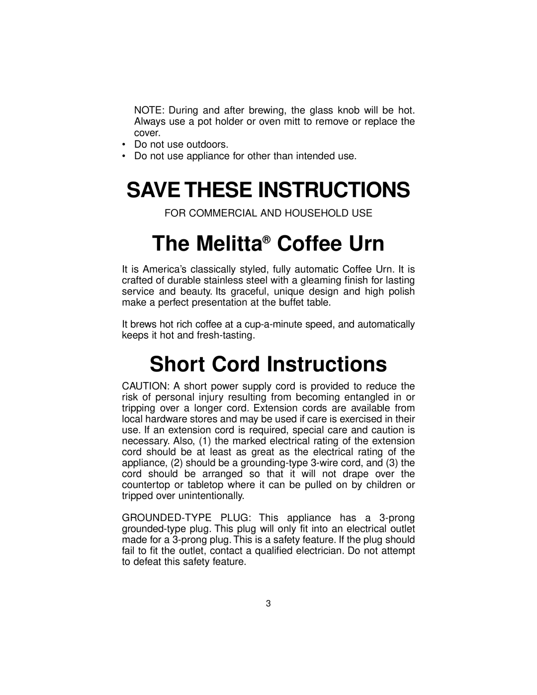 Melitta MEU45 manual Melitta Coffee Urn, Short Cord Instructions 