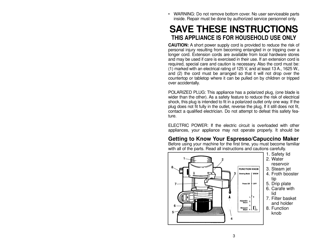 Melitta MEX1BCAN, MEXKITB manual Getting to Know Your Espresso/Capuccino Maker 