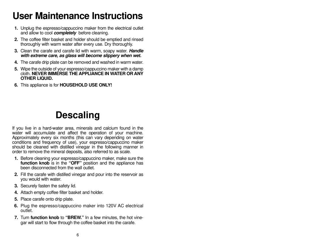 Melitta MEX1BCAN, MEXKITB manual User Maintenance Instructions, Descaling 