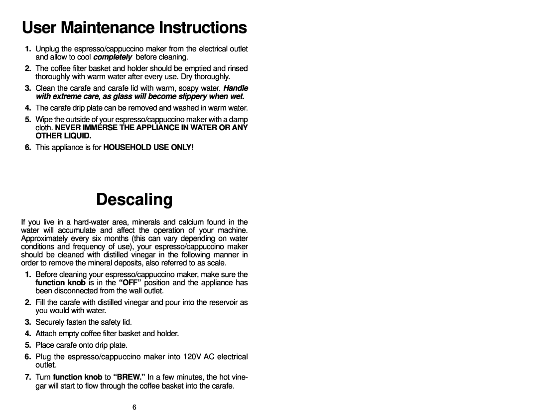 Melitta MEX1BCAN, MEXKITB manual User Maintenance Instructions, Descaling, Other Liquid 