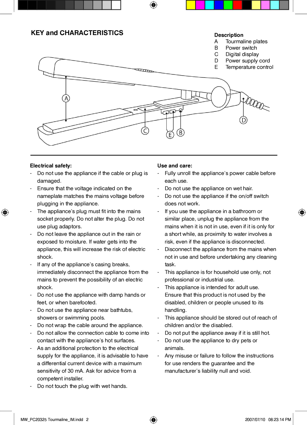 Mellerware 2 0 3 2 57 0 W specifications Description, Electrical safety, Use and care 