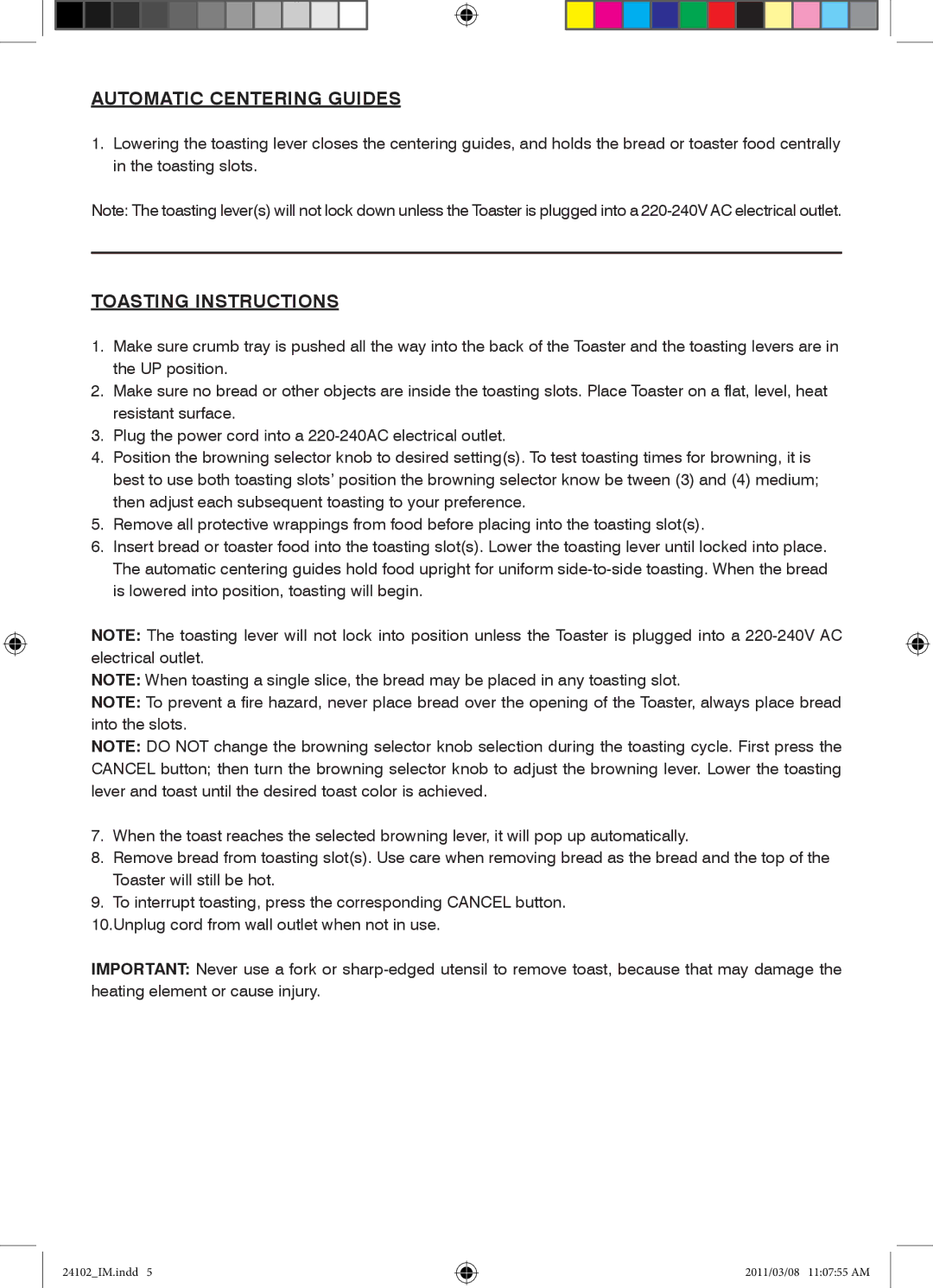 Mellerware 2 4 1 0 2 specifications Automatic Centering Guides, Toasting Instructions 