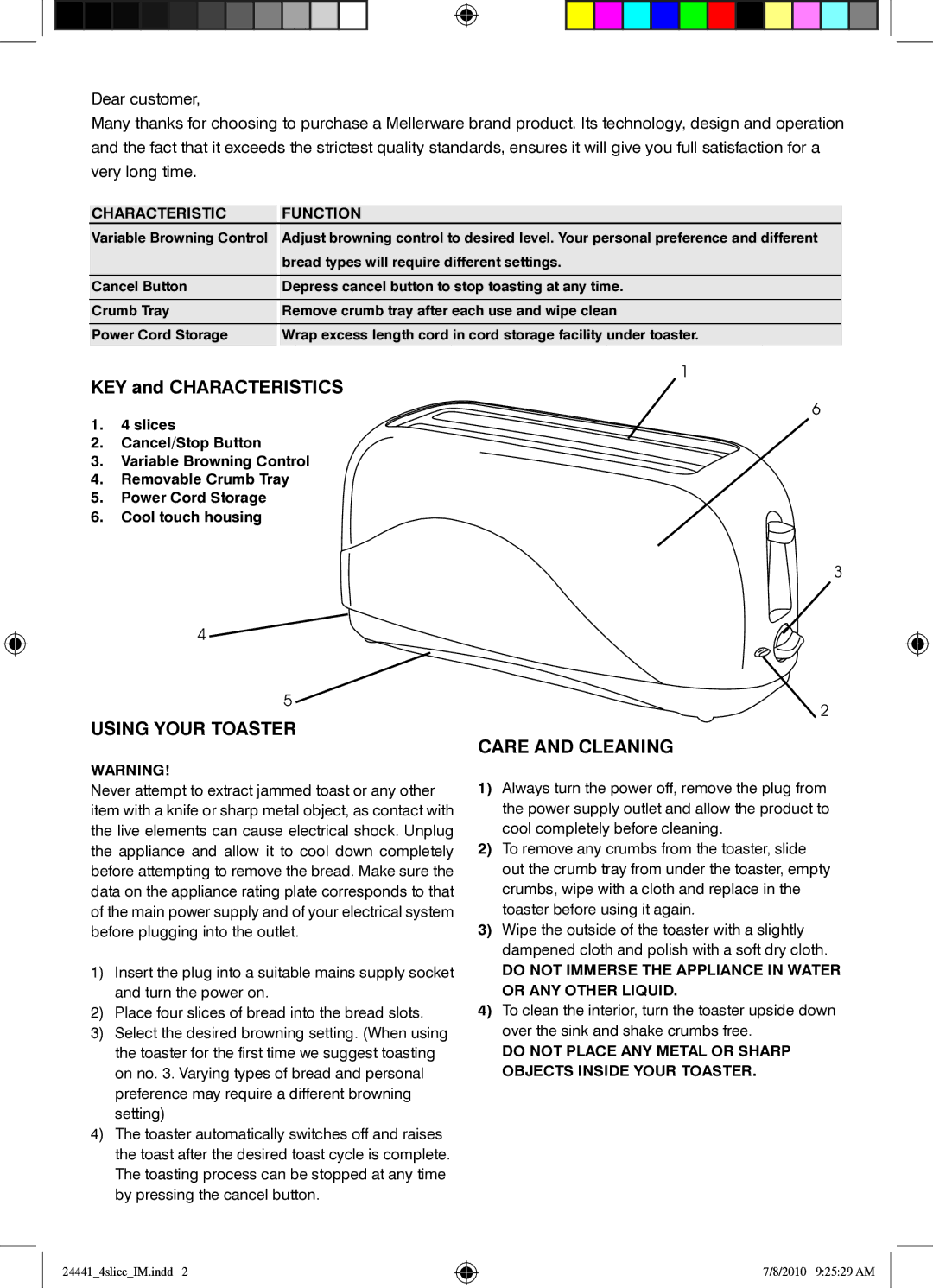 Mellerware 2 4 4 4 11 3 0 0 W manual Using Your Toaster, Care and Cleaning 