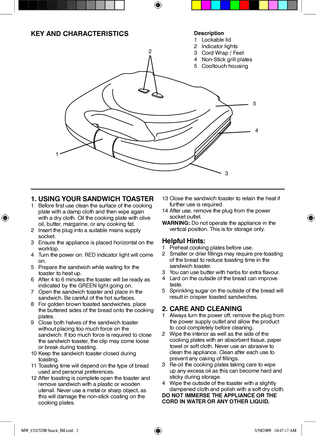 Mellerware 2 5 2 0 09 0 0 W specifications KEY and Characteristics, Using Your Sandwich Toaster, Care and Cleaning 