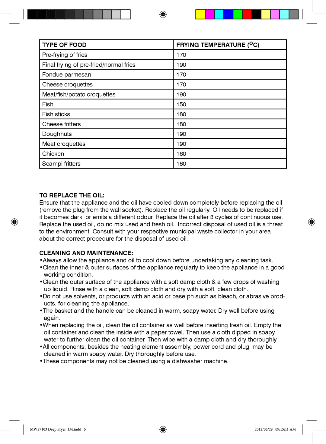 Mellerware 27103, 2 7 1 0 3 2000W Type of Food, Frying Temperature oC, To Replace the OIL, Cleaning and Maintenance 