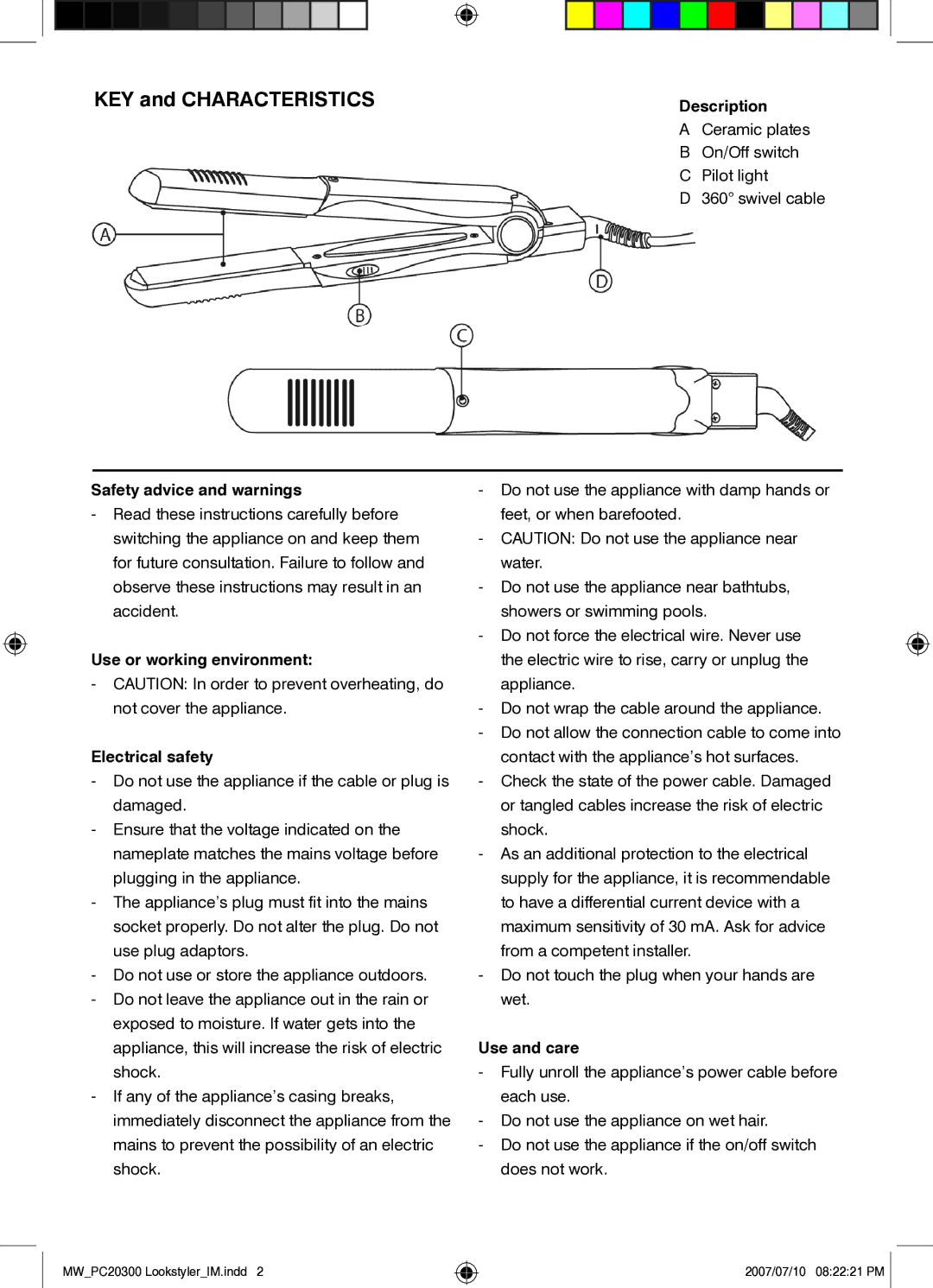 Mellerware 20300 Description, Safety advice and warnings, Use or working environment Electrical safety, Use and care 