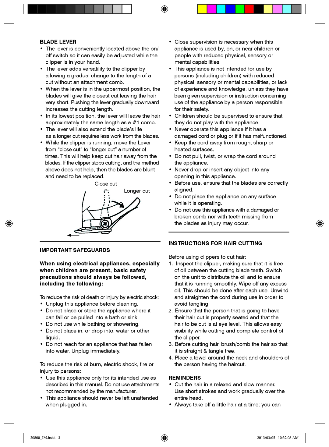 Mellerware 20800 specifications Blade Lever, Important Safeguards, Instructions for Hair Cutting, Reminders 