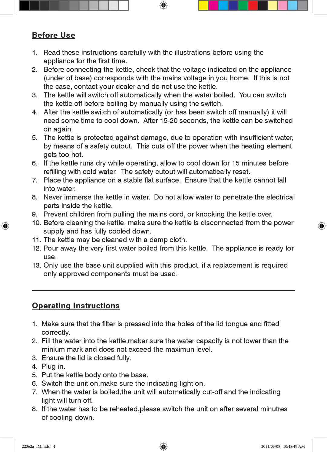 Mellerware 2200W, 22362a specifications Before Use, Operating Instructions 