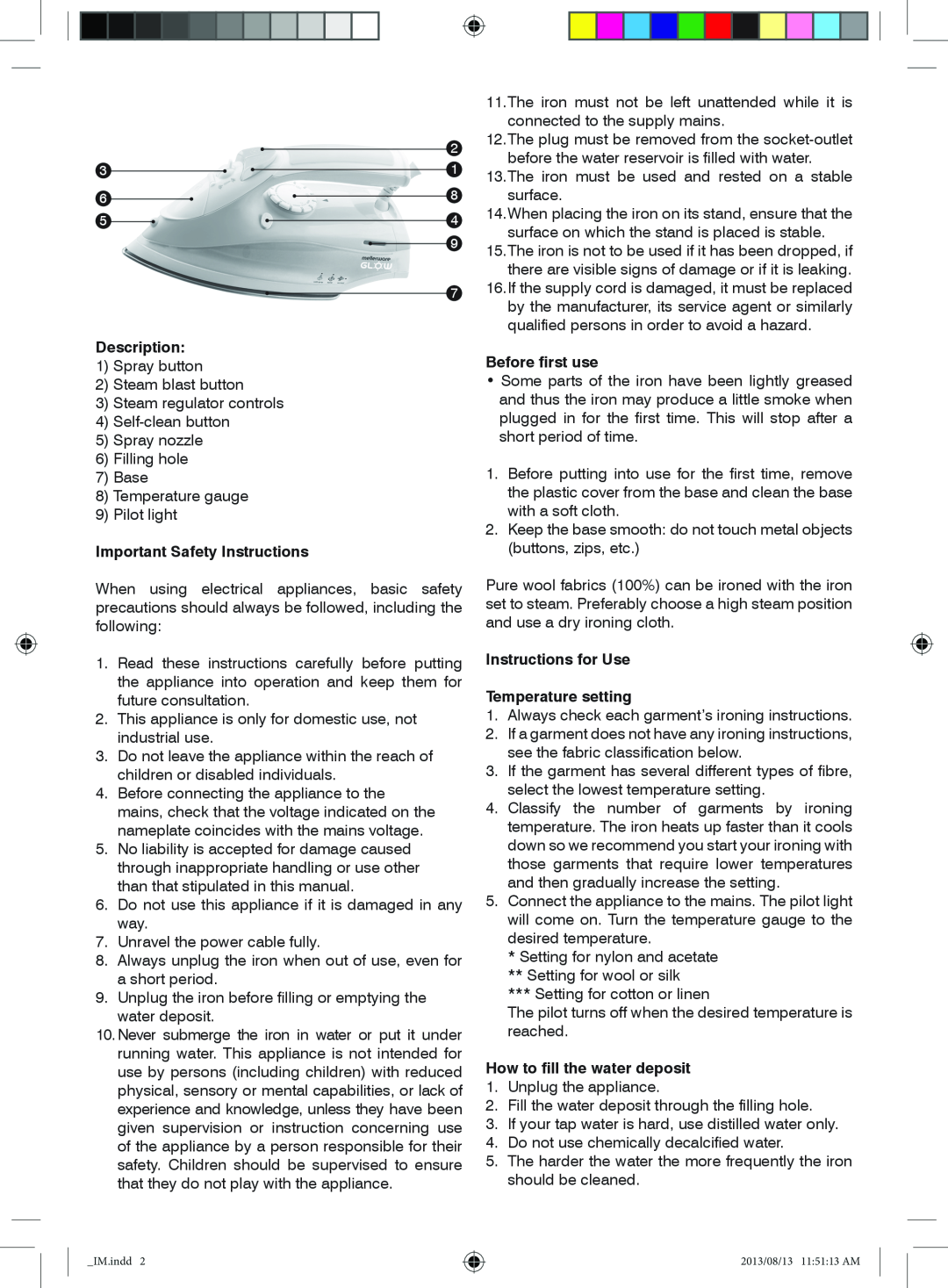 Mellerware 2200W Description, Important Safety Instructions, Before first use, Instructions for Use Temperature setting 