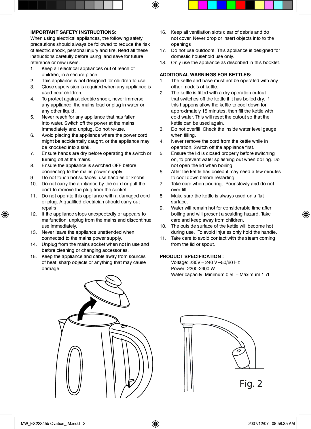 Mellerware 22345B2200W specifications Important Safety Instructions, Additional Warnings for Kettles 