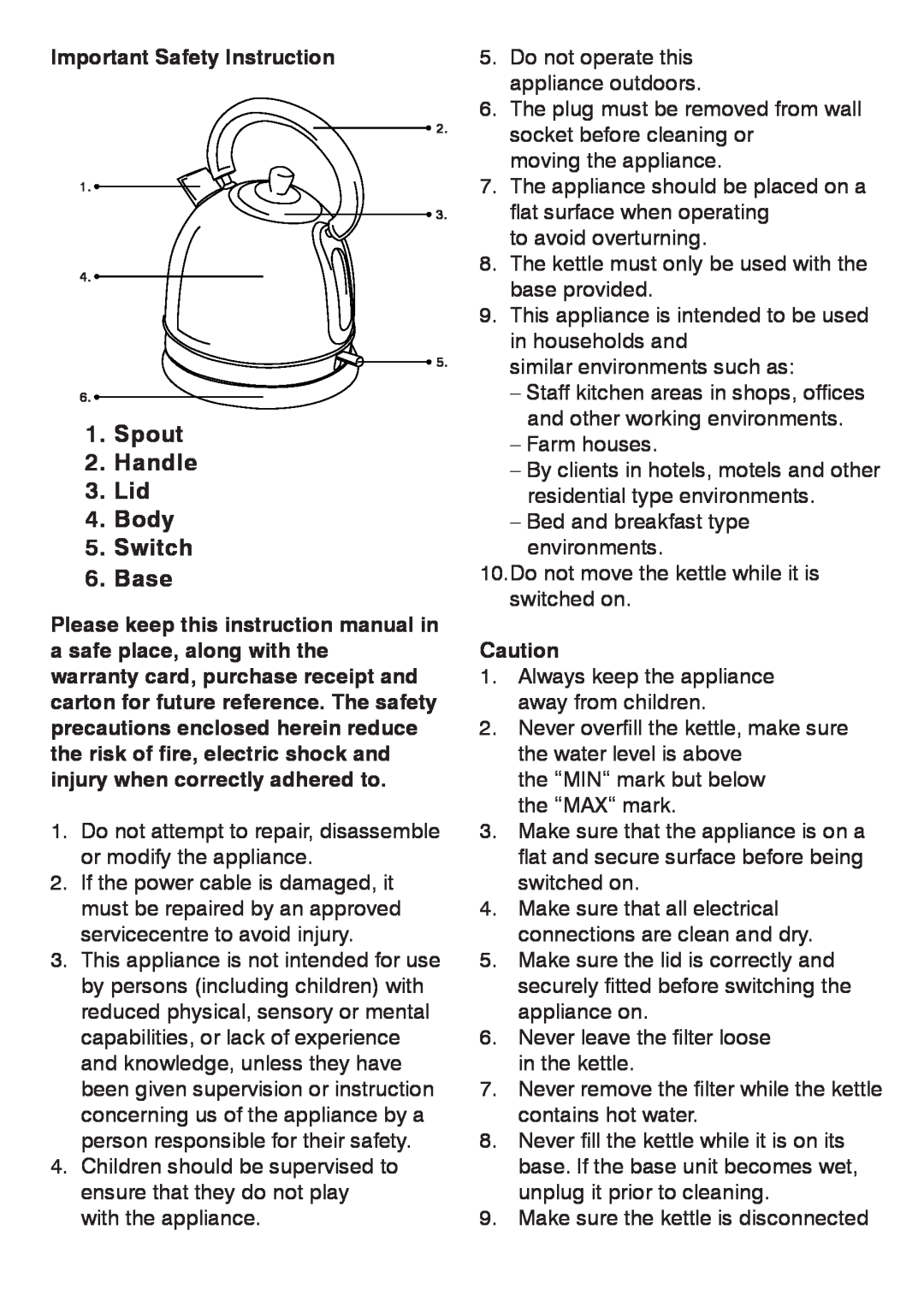 Mellerware 22362B manual Important Safety Instruction, Spout 2. Handle 3. Lid 4. Body 5. Switch 6. Base 