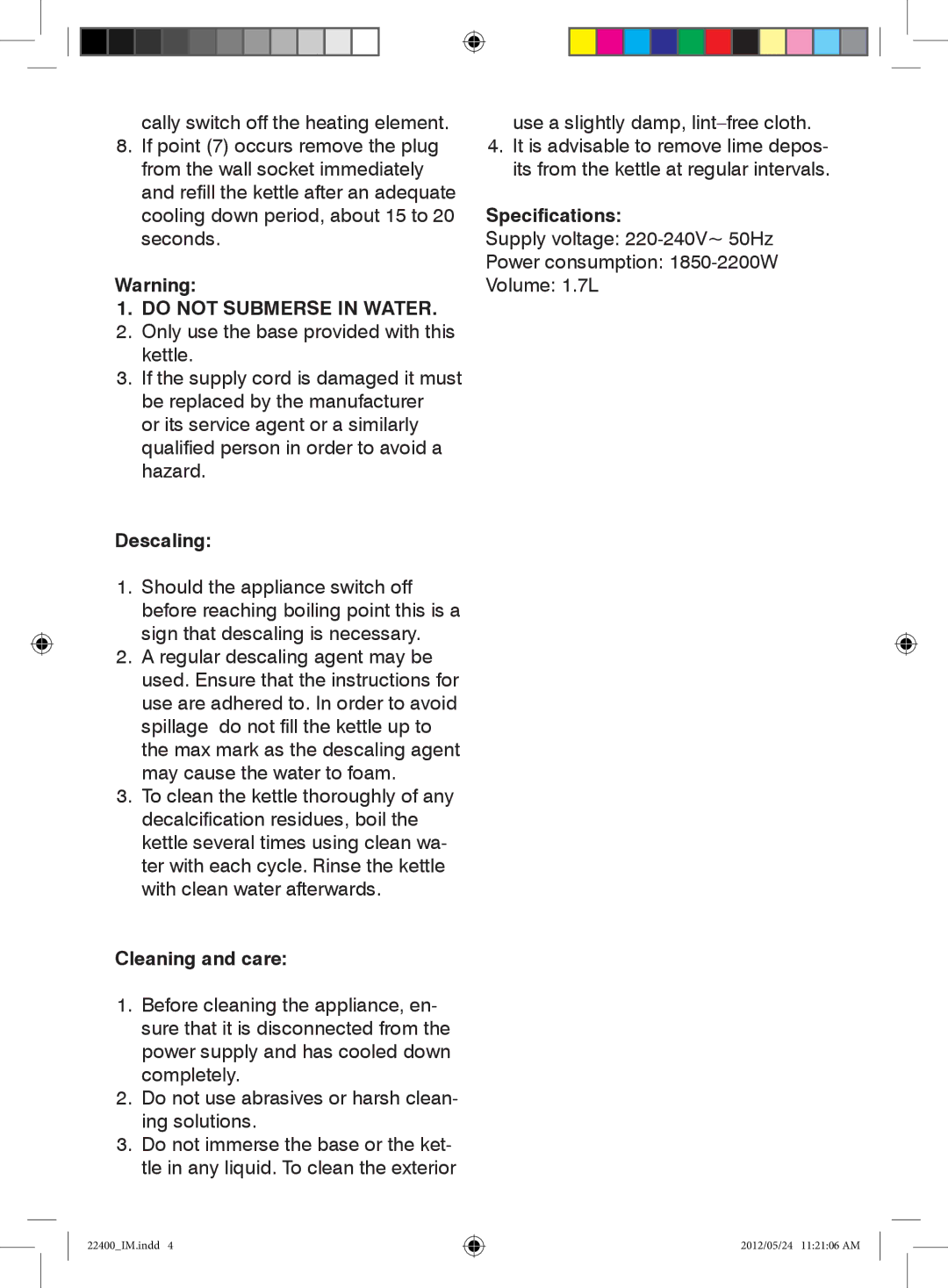 Mellerware 22400 specifications Descaling, Specifications, Cleaning and care 