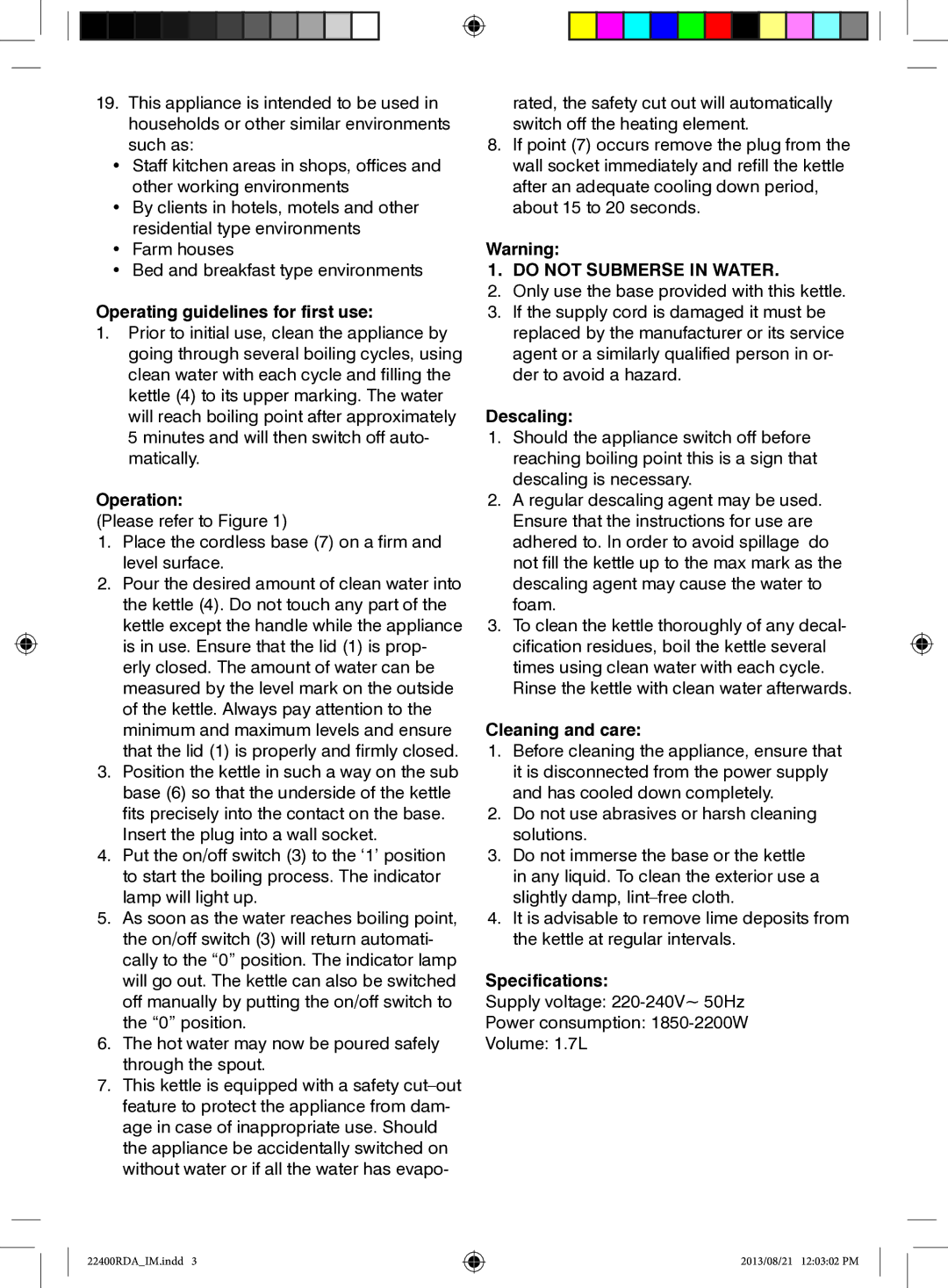 Mellerware 22400RDA manual Operating guidelines for first use, Operation, Descaling, Cleaning and care, Specifications 