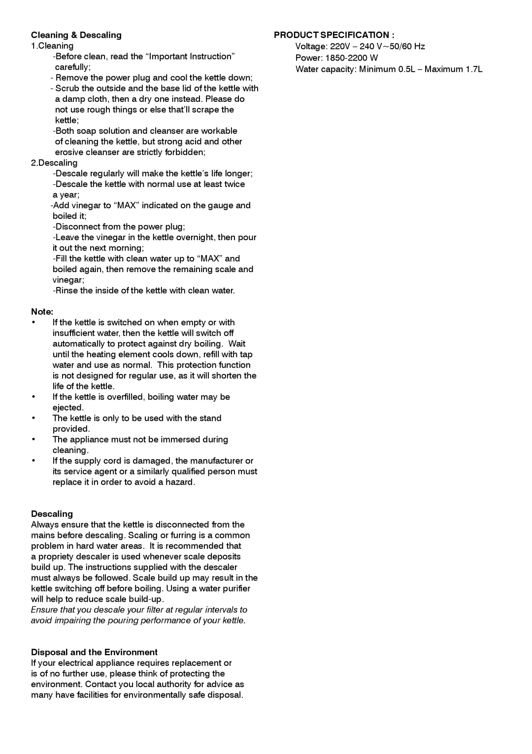 Mellerware 22640B specifications Cleaning & Descaling 1.Cleaning, Disposal and the Environment 