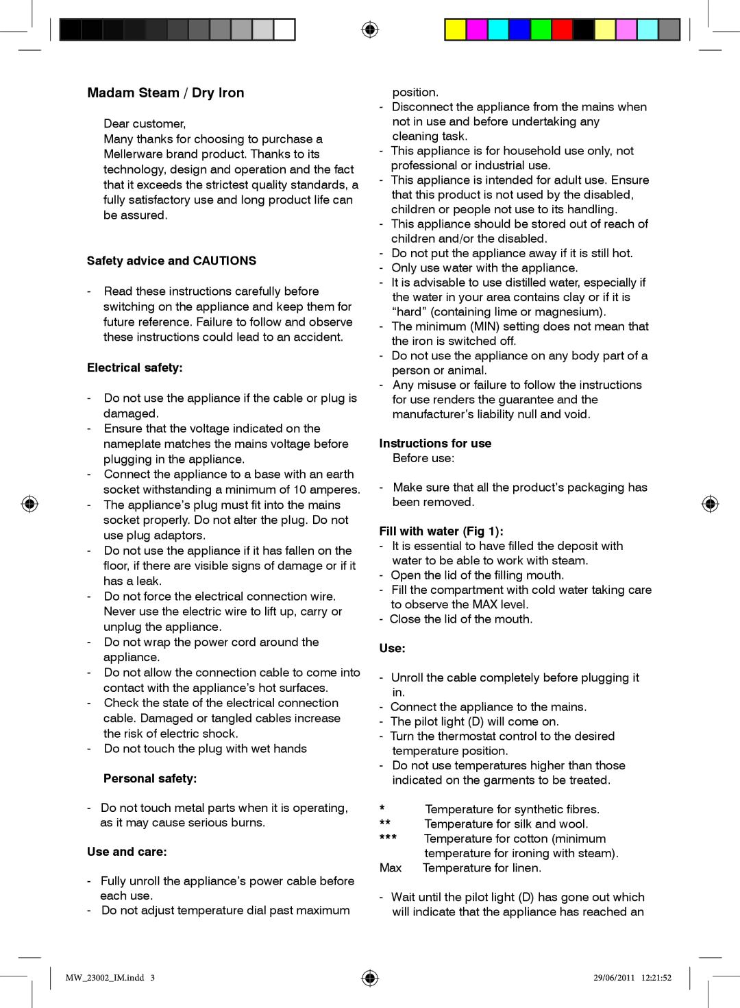 Mellerware 23002 Safety advice and Cautions, Electrical safety, Personal safety, Use and care, Instructions for use 