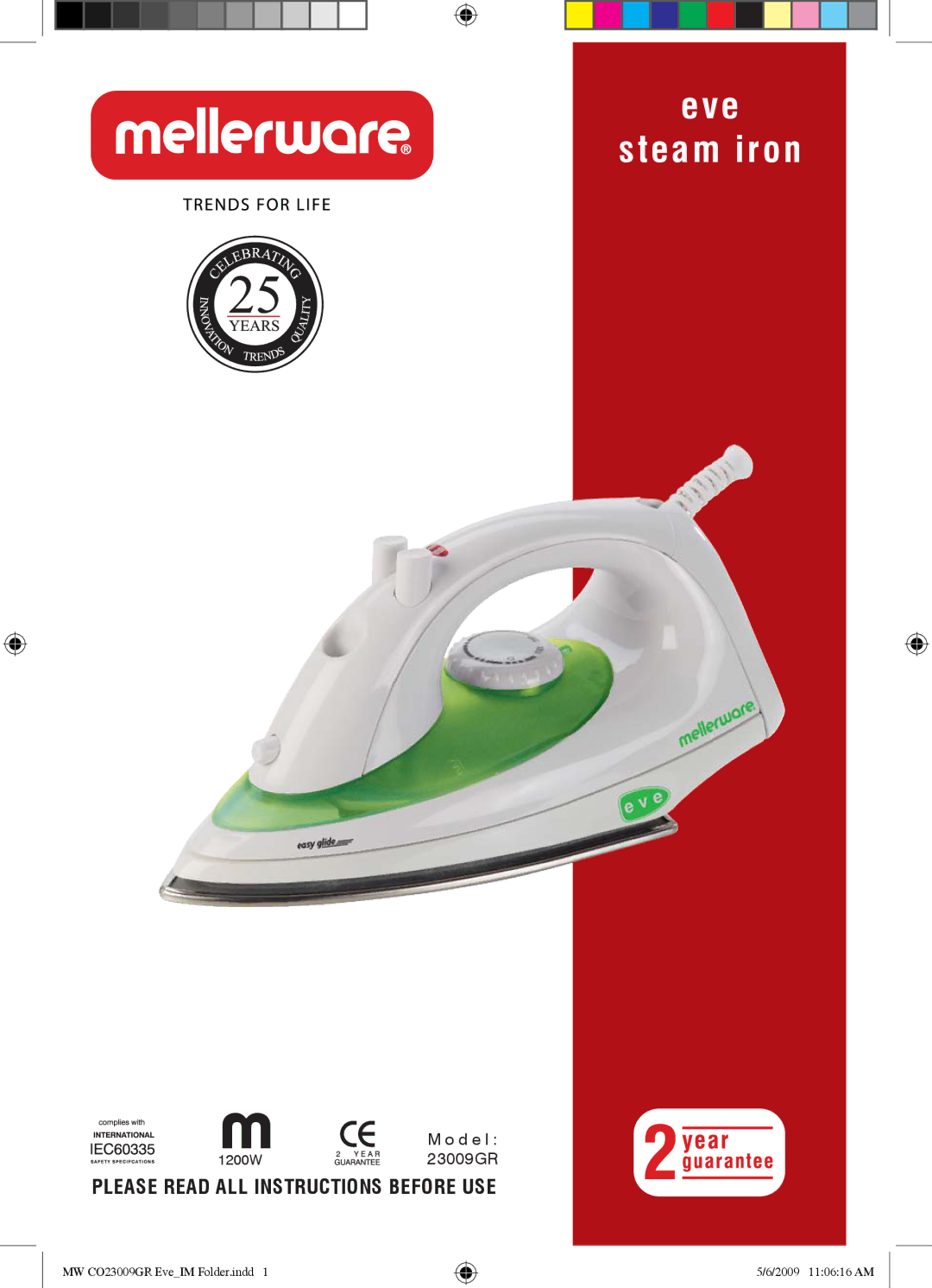 Mellerware 23009GR1200W manual Eve Steam iron, Please Read ALL Instructions Before USE 