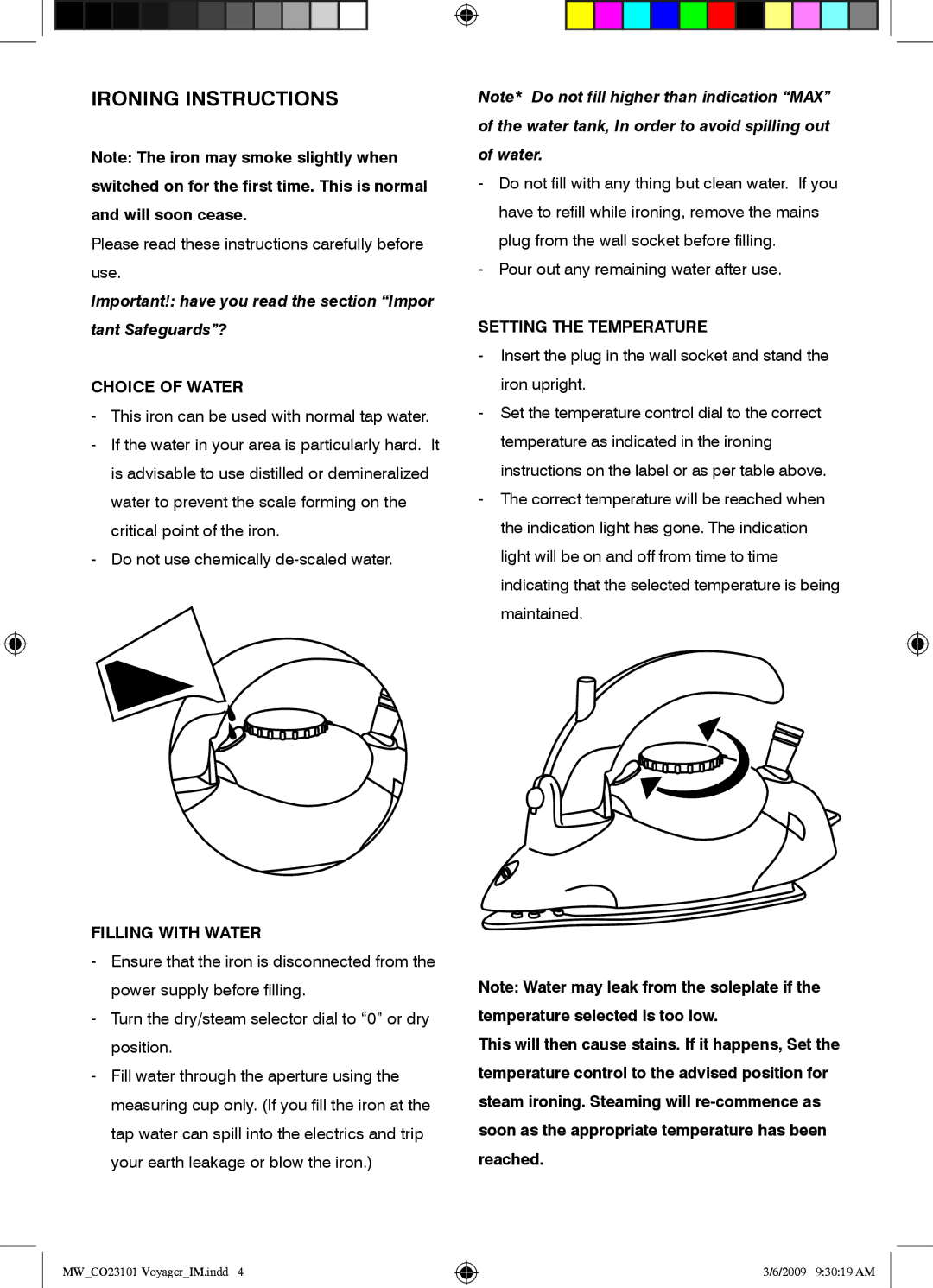 Mellerware 23101 manual Ironing Instructions, Choice of Water, Filling with Water, Setting the Temperature 