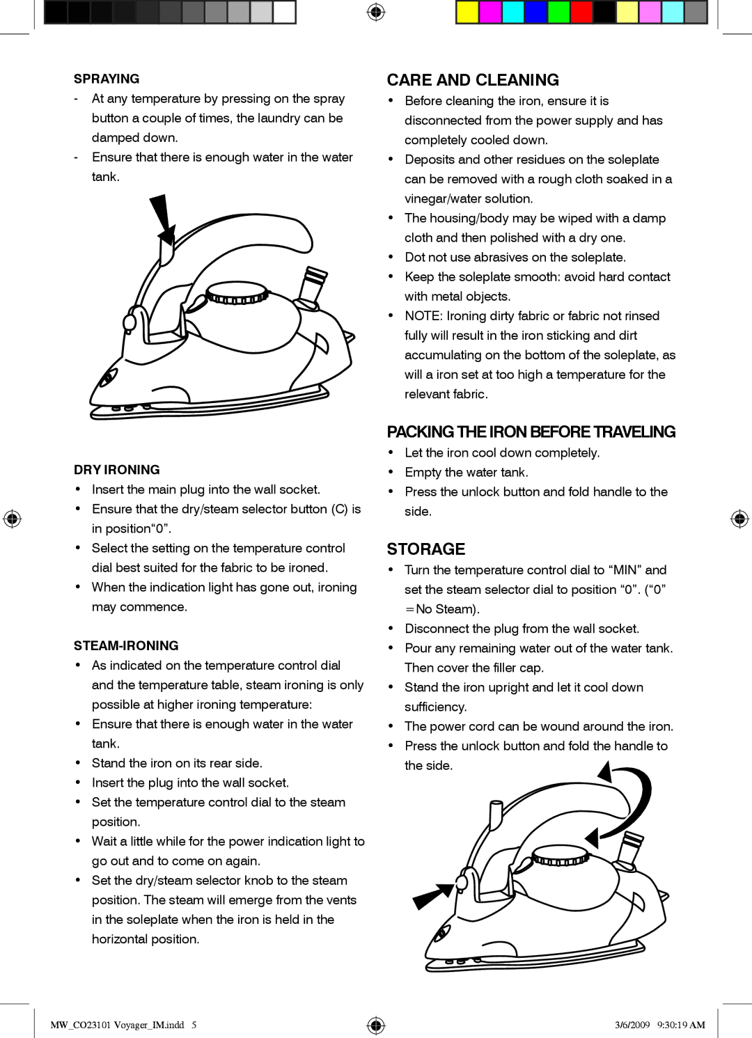 Mellerware 23101 manual Care and Cleaning, Packing the Iron Before Traveling, Storage 