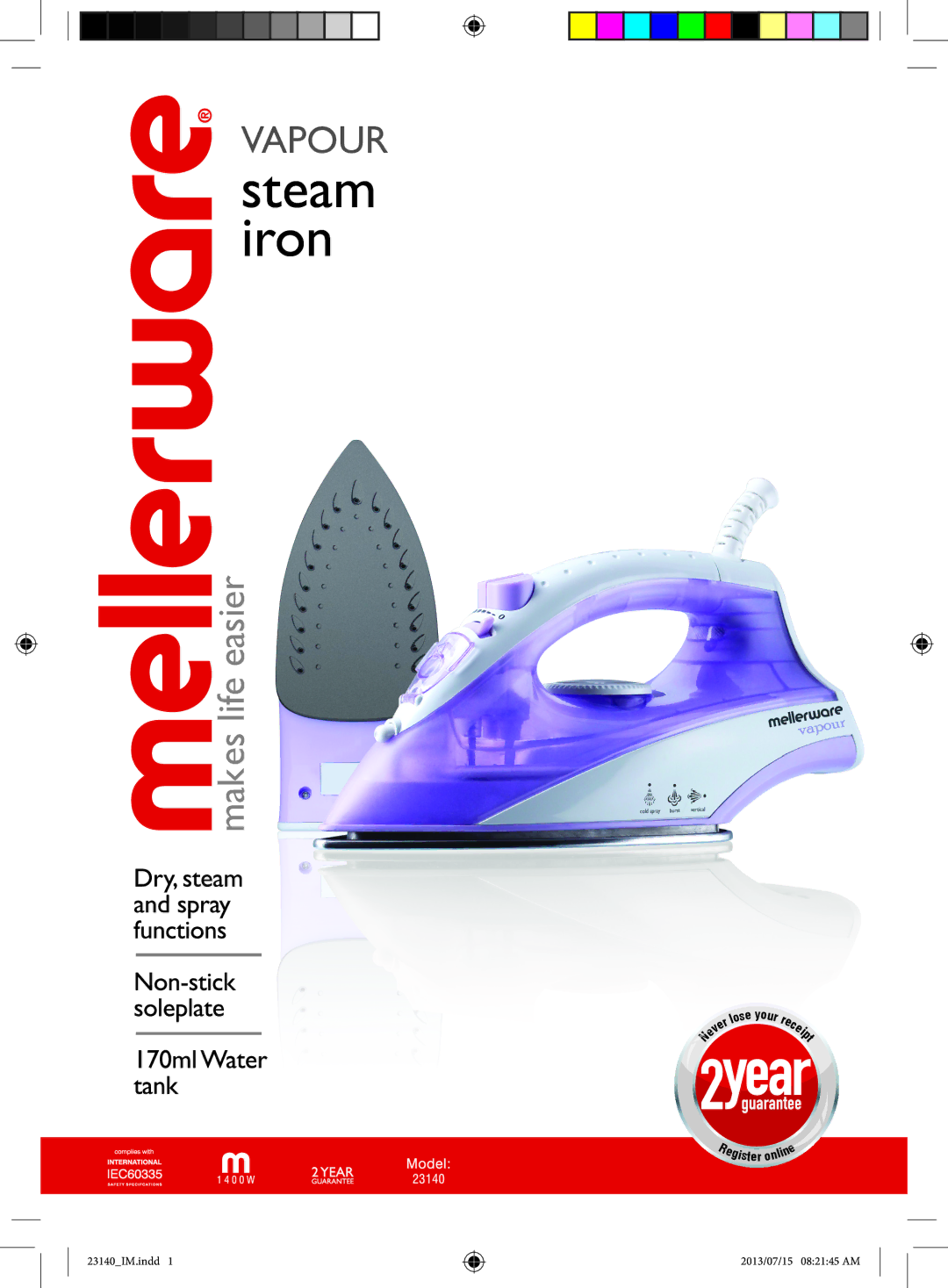 Mellerware 23140 manual Steam iron 