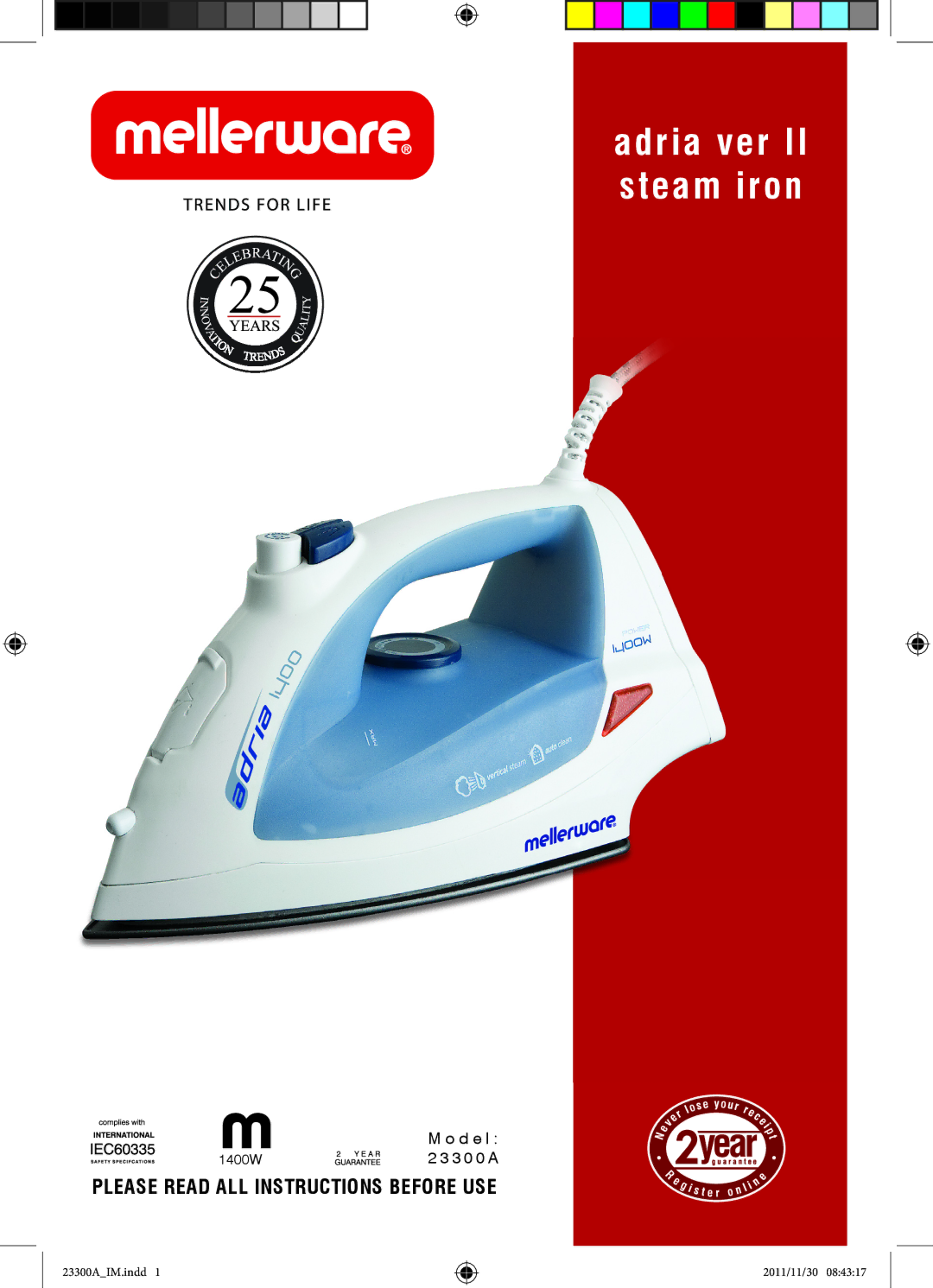 Mellerware 23300A manual Adria ver II steam iron, Please Read ALL Instructions Before USE 