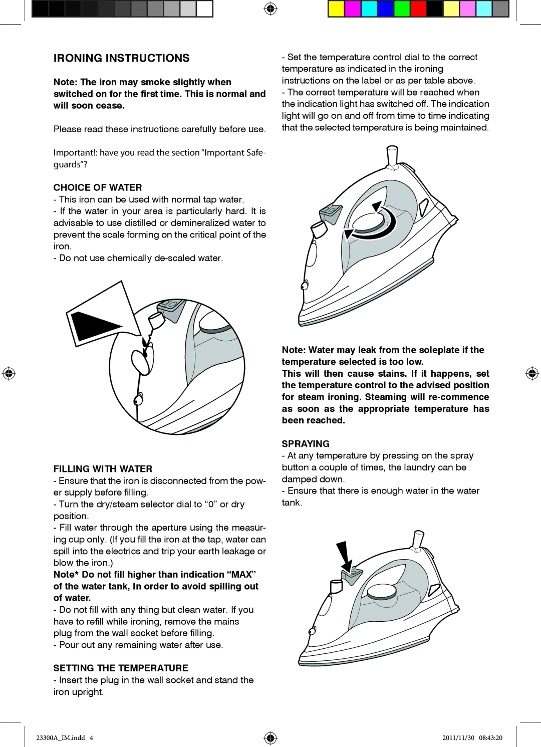 Mellerware 23300A manual Ironing Instructions, Choice of Water, Filling with Water, Setting the Temperature, Spraying 