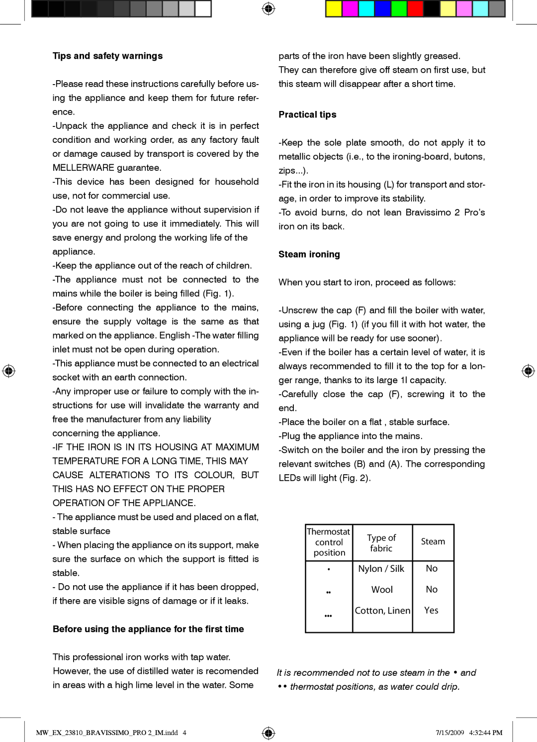 Mellerware 23810 Tips and safety warnings, Before using the appliance for the first time, Practical tips, Steam ironing 