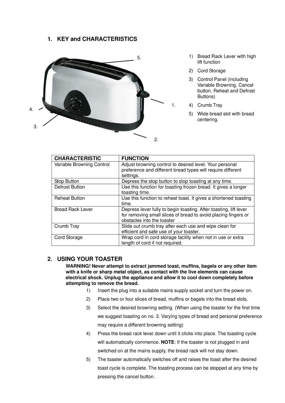 Mellerware 24408 instruction manual KEY and Characteristics, Using Your Toaster, Characteristic Function 