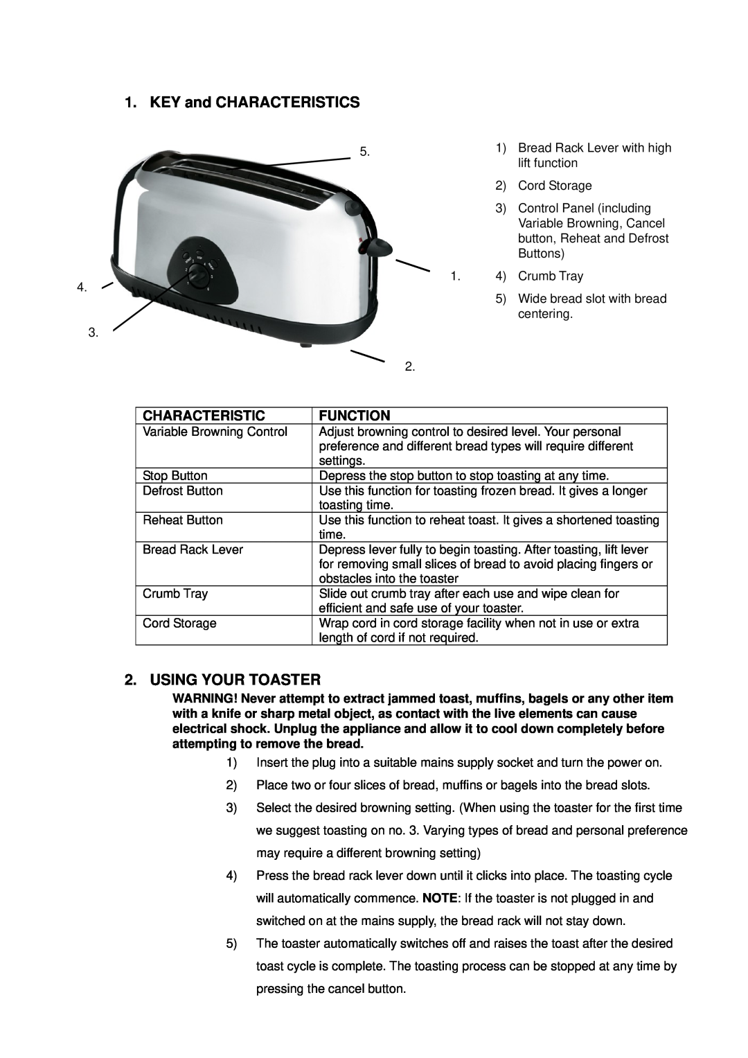 Mellerware 24408 instruction manual KEY and CHARACTERISTICS, Using Your Toaster, Characteristic, Function 
