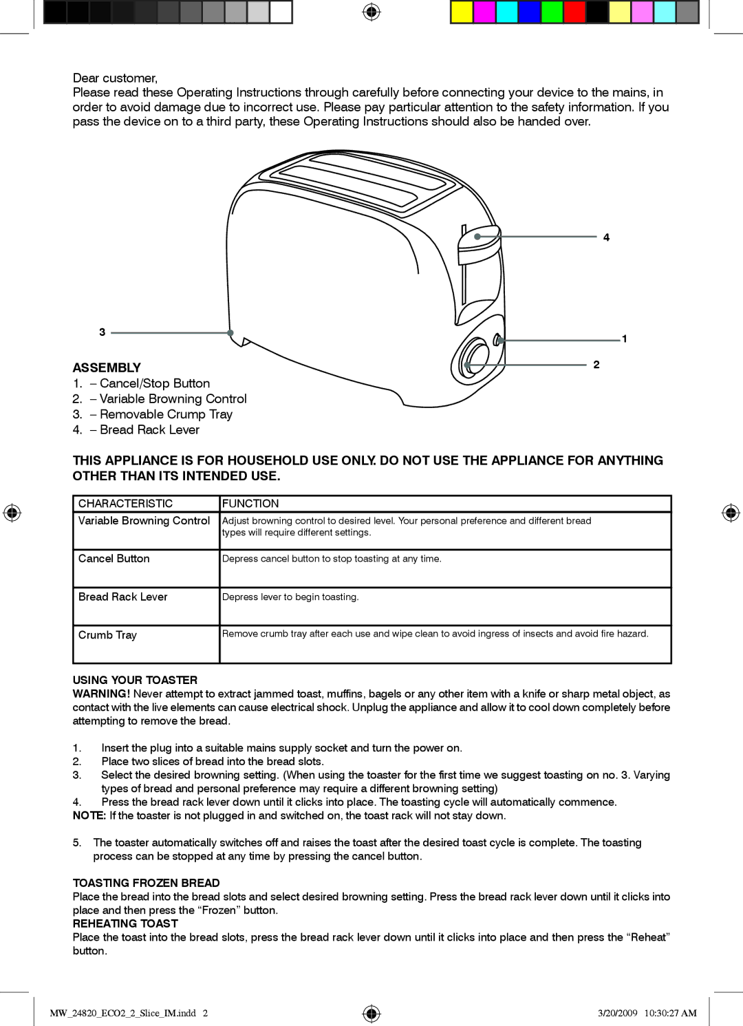 Mellerware 24820750W manual Using Your Toaster, Toasting Frozen Bread, Reheating Toast 