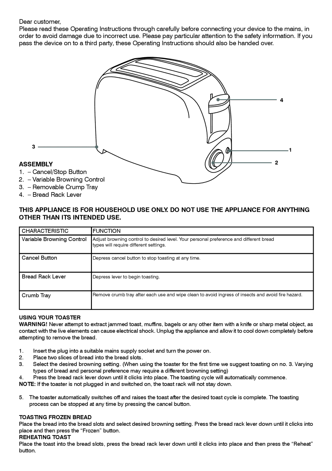 Mellerware 24821750W manual Using Your Toaster, Toasting Frozen Bread, Reheating Toast 