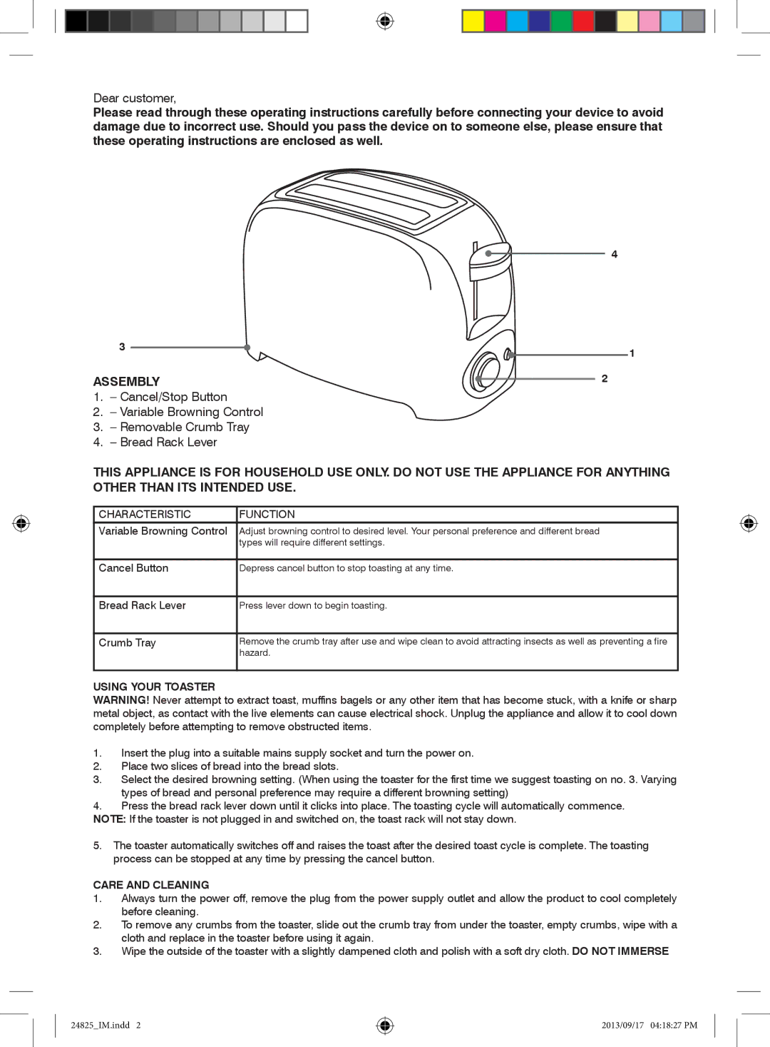 Mellerware 24825 manual Assembly, Using Your Toaster, Care and Cleaning 