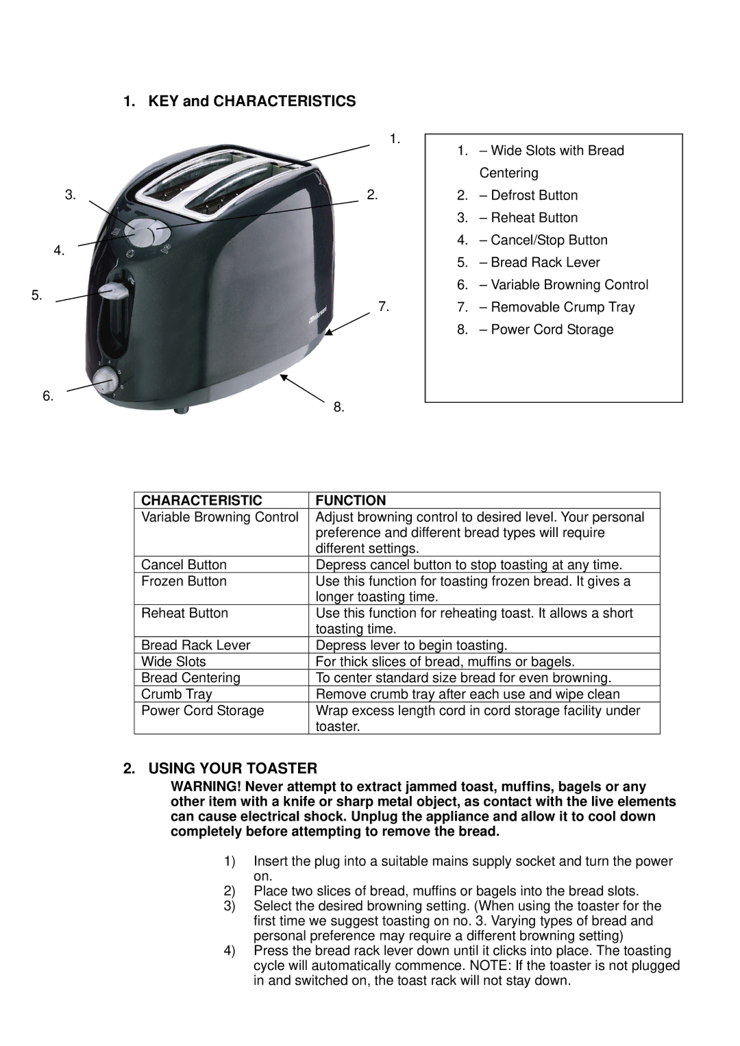 Mellerware 24850 instruction manual KEY and Characteristics, Using Your Toaster 