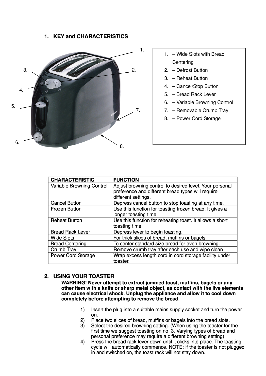 Mellerware 24850 instruction manual KEY and CHARACTERISTICS, Using Your Toaster, Characteristic, Function 
