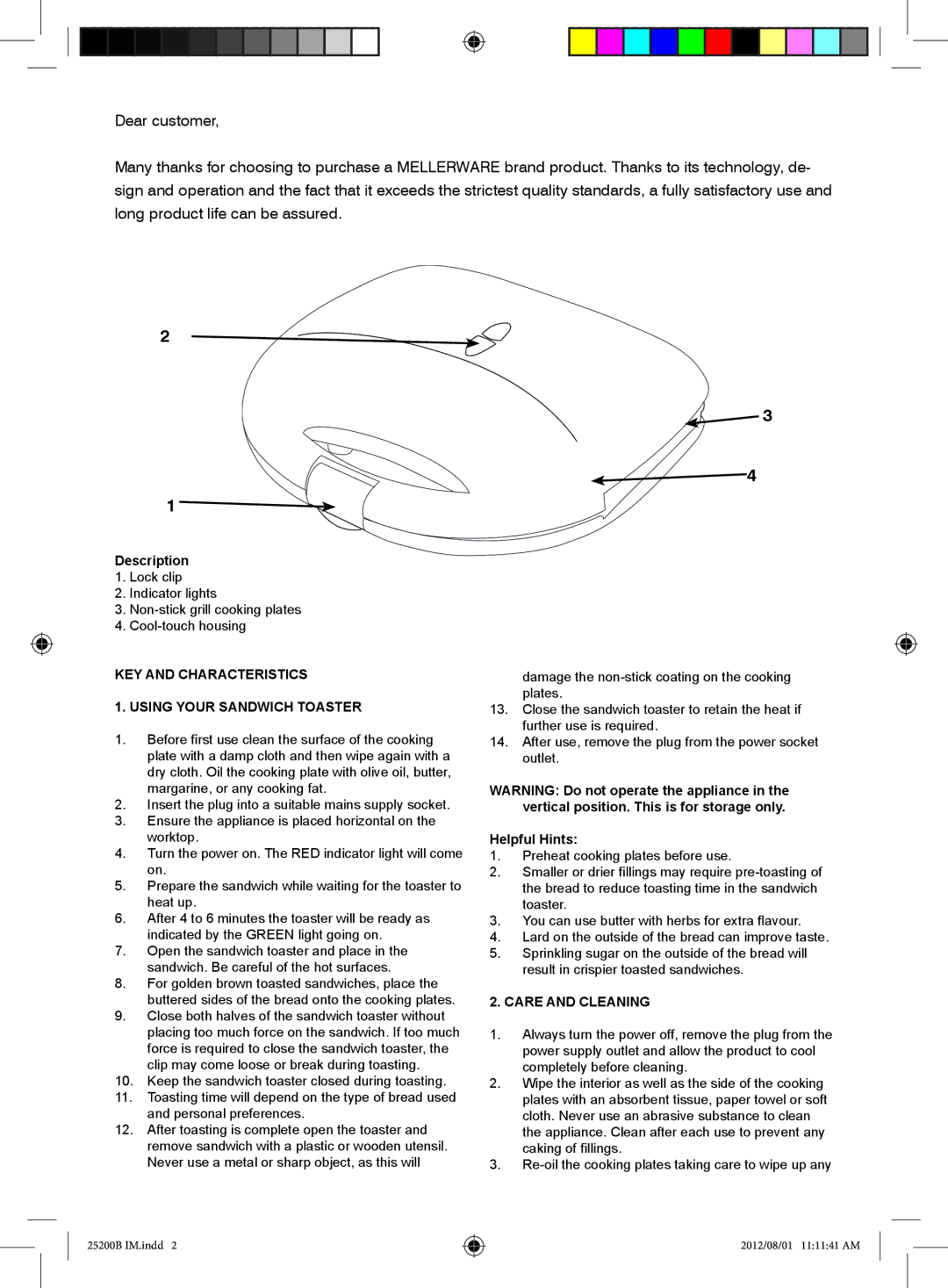 Mellerware 25200B manual KEY and Characteristics Using Your Sandwich Toaster, Care and Cleaning 