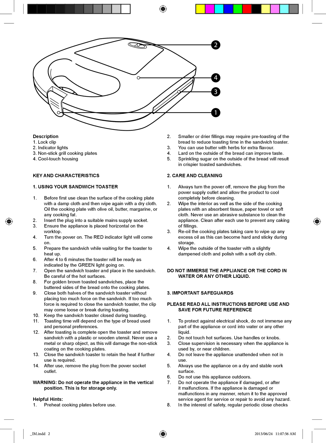 Mellerware 25210C manual KEY and Characteristics Using Your Sandwich Toaster, Care and Cleaning 