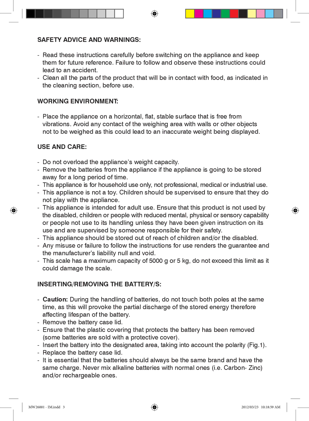 Mellerware 26001 Safety Advice and Warnings, Working Environment, USE and Care, INSERTING/REMOVING the BATTERY/S 