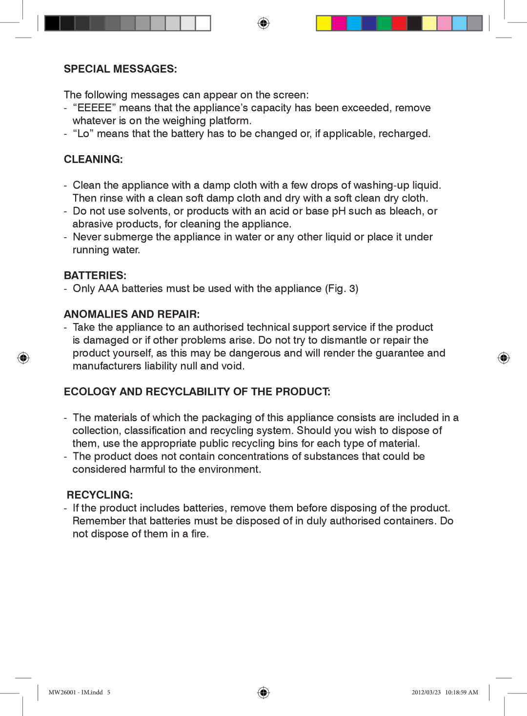 Mellerware 26001 Special Messages, Cleaning, Batteries, Anomalies and Repair, Ecology and Recyclability of the Product 