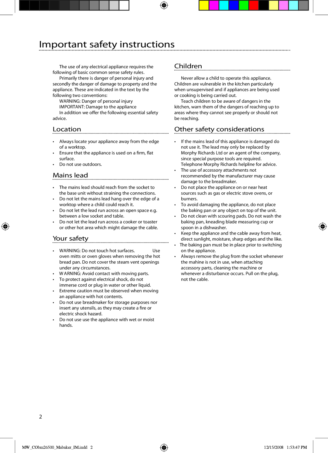 Mellerware 26500 manual Important safety instructions, Arning Avoid contact with moving parts 