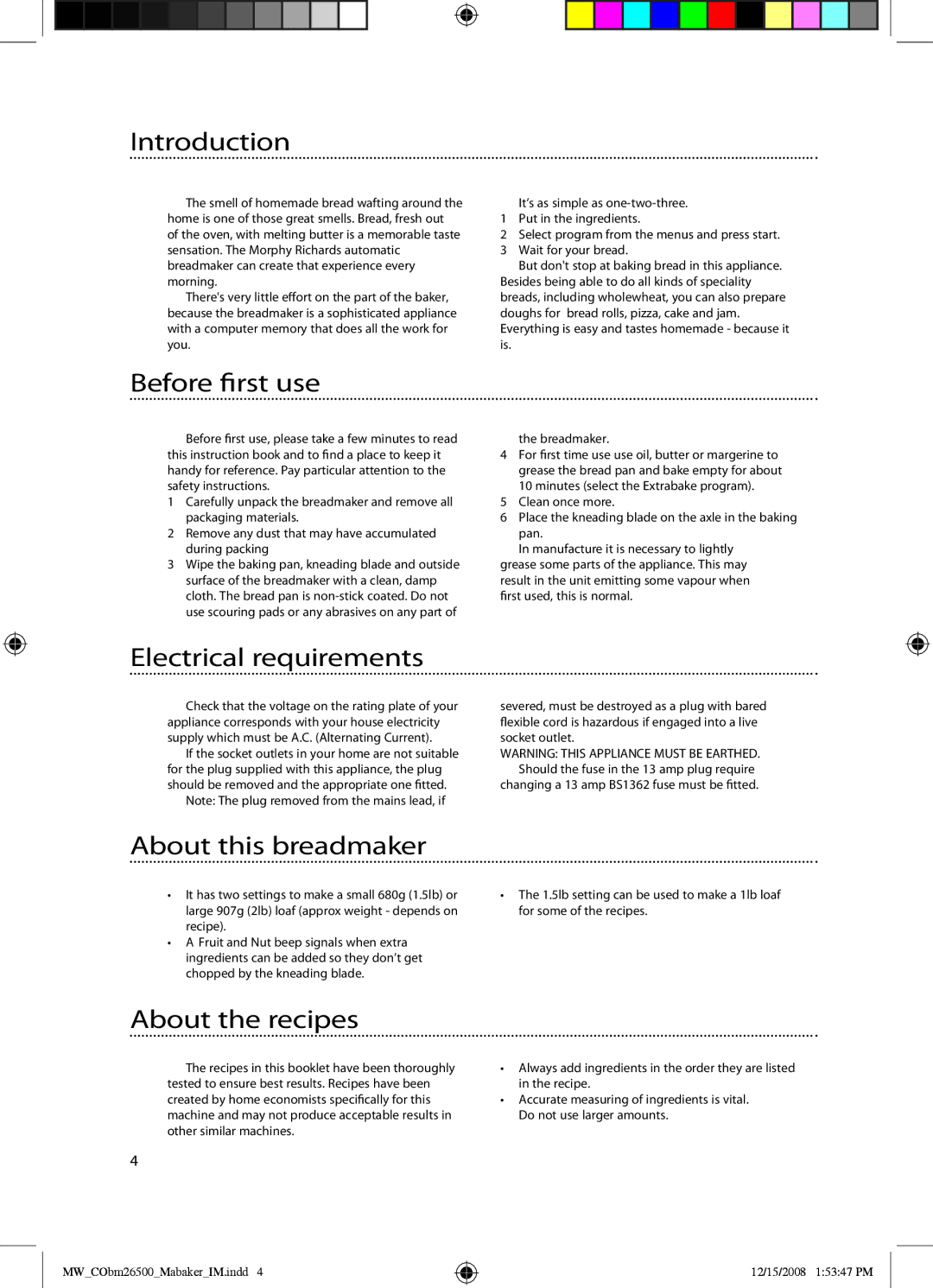 Mellerware 26500 manual Introduction, Before first use, Electrical requirements, About this breadmaker, About the recipes 