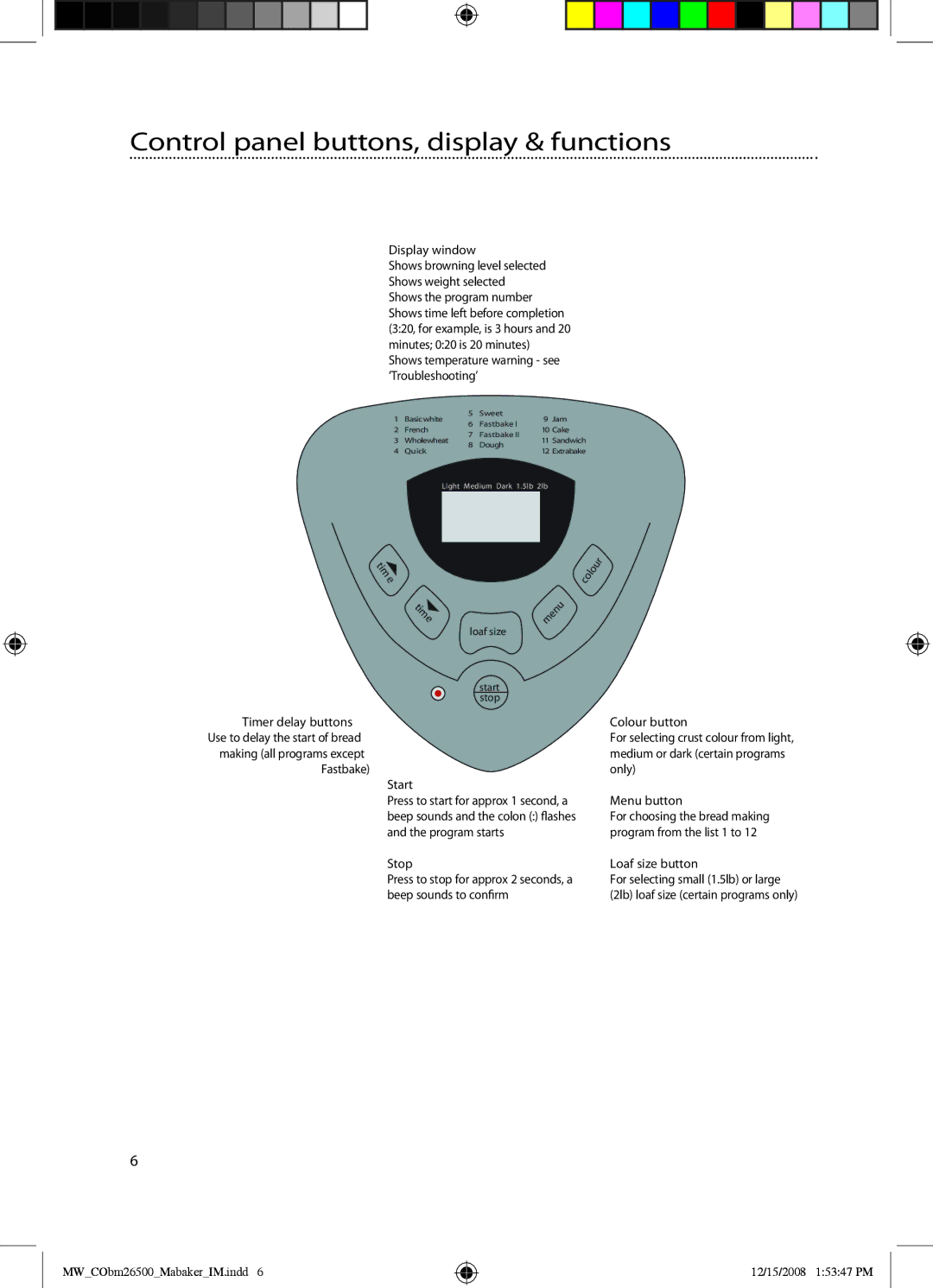 Mellerware 26500 manual Control panel buttons, display & functions 