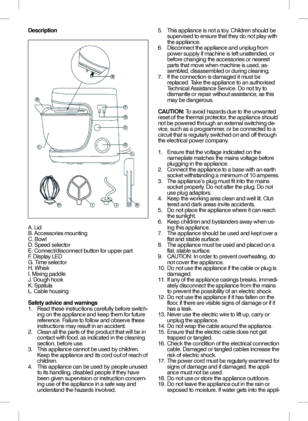 Mellerware 2650DA manual Description, Safety advice and warnings, Do not use or store the appliance outdoors 