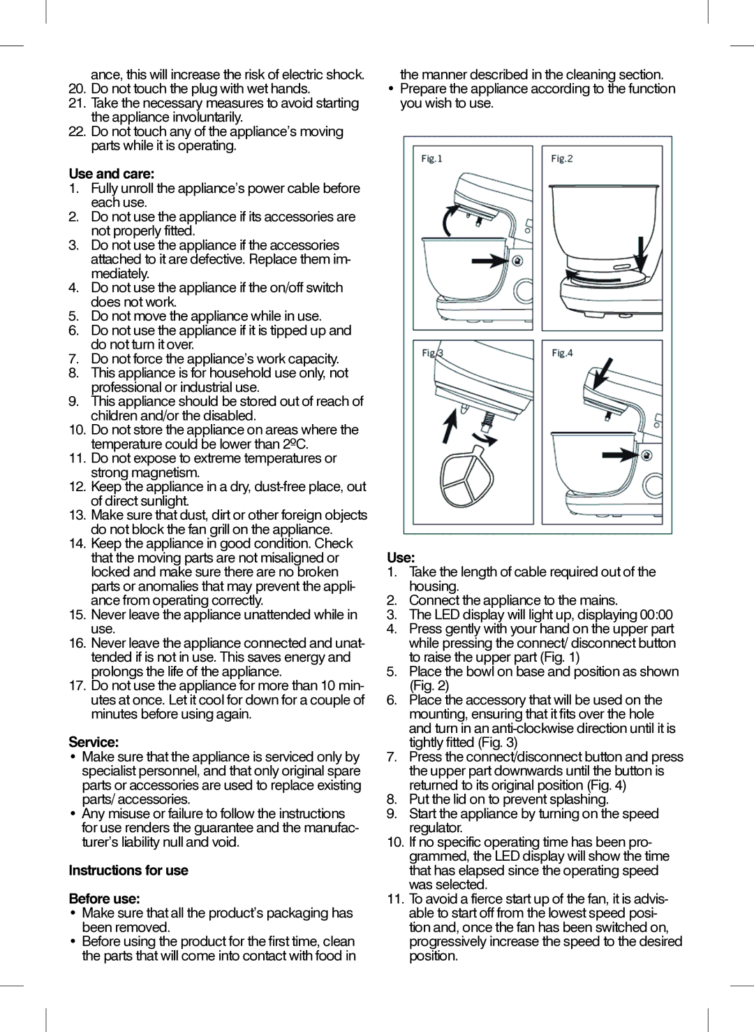 Mellerware 2650DA manual Use and care, Service, Instructions for use Before use 