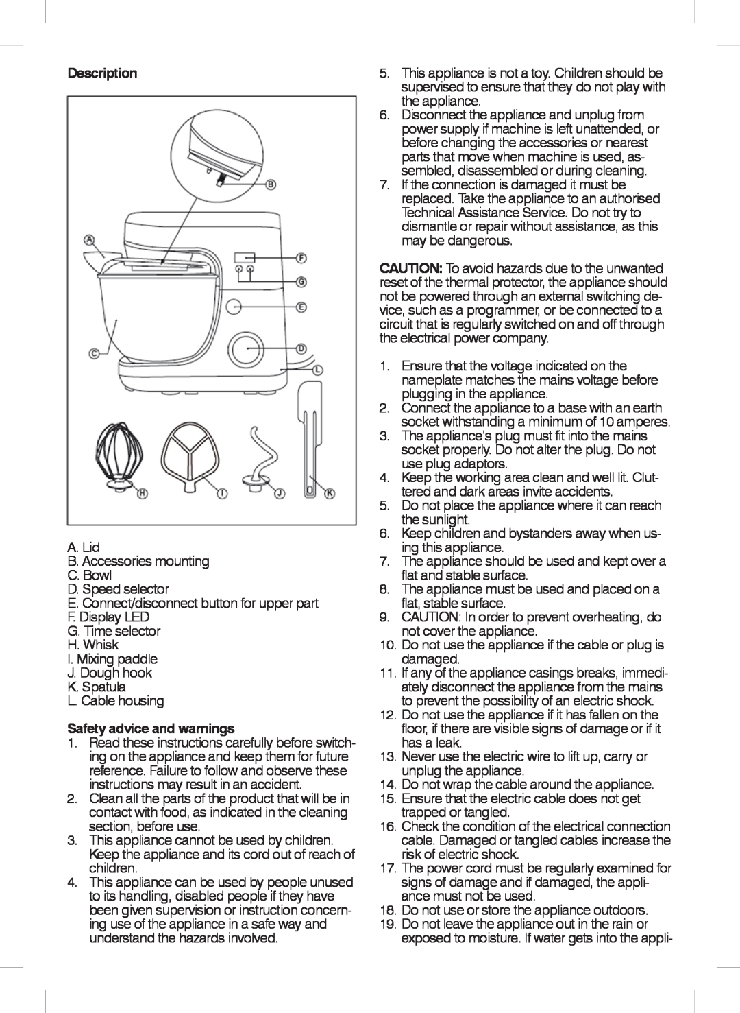 Mellerware 2650DA manual Description, Safety advice and warnings 