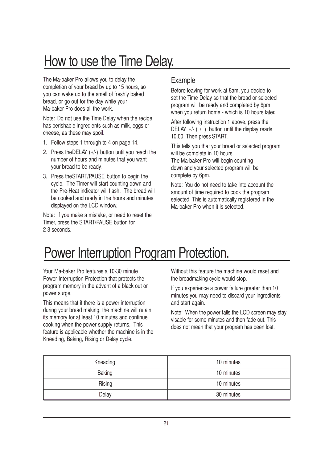 Mellerware 26550550W manual How to use the Time Delay, Power Interruption Program Protection, Example 