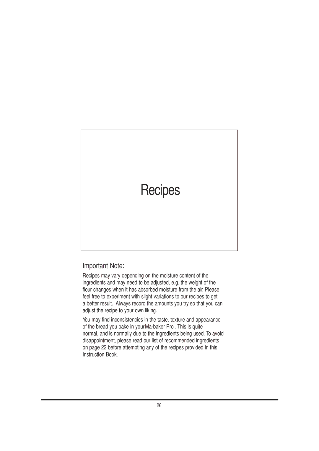 Mellerware 26550550W manual Recipes, Important Note 