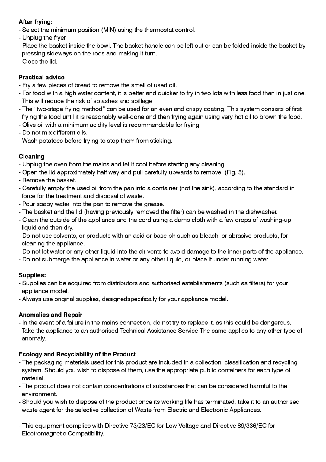 Mellerware 27100 specifications After frying, Practical advice, Cleaning, Supplies, Anomalies and Repair 