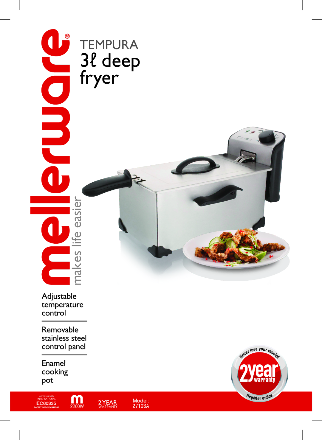 Mellerware 2200W, 27103A specifications 3ℓ deep fryer 