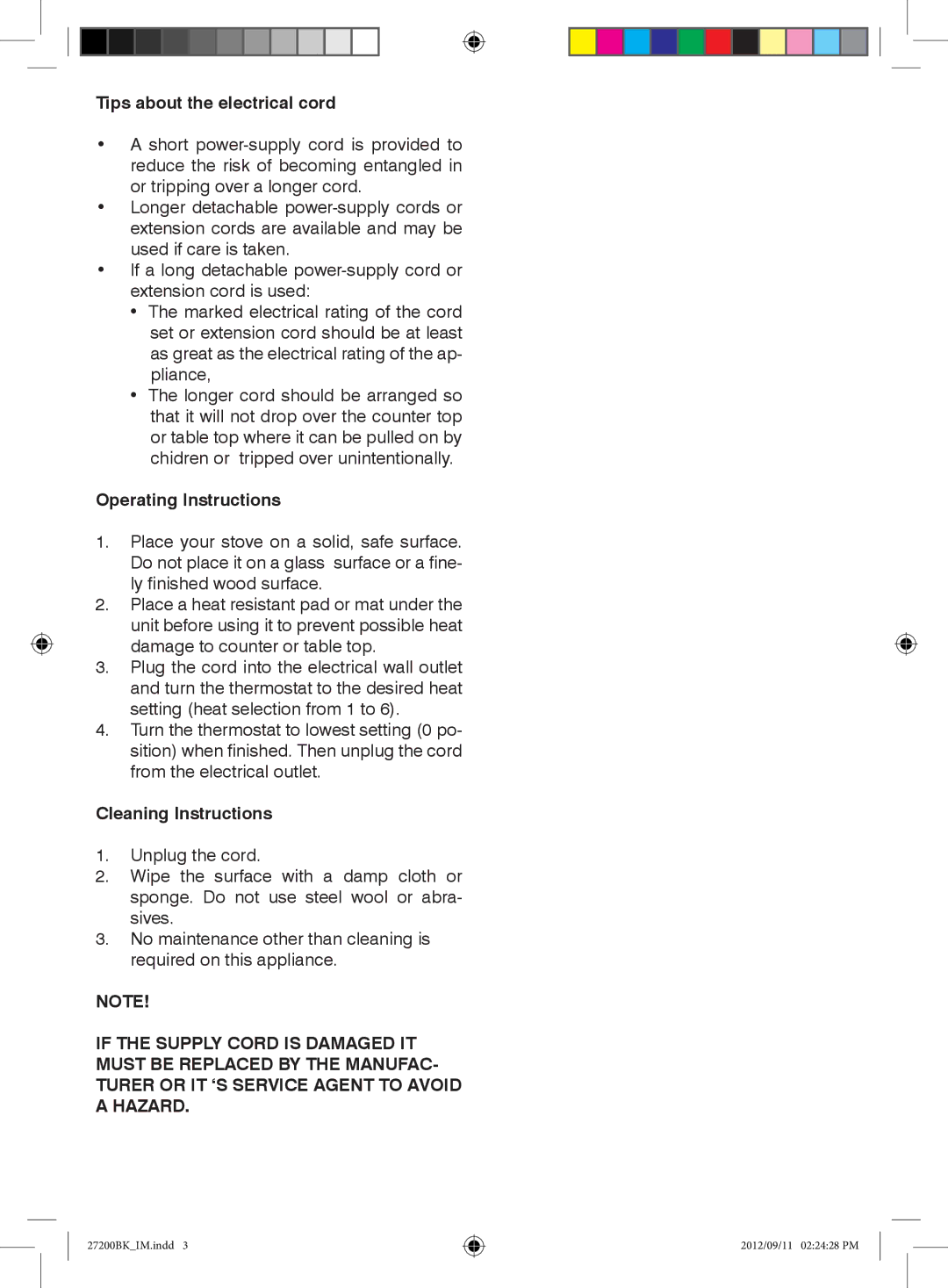 Mellerware 27200BK manual Tips about the electrical cord 