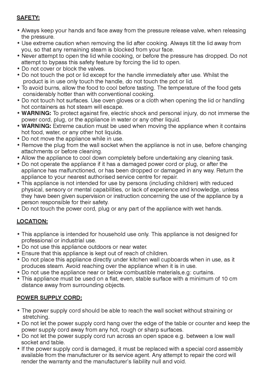 Mellerware 27400 specifications Safety, Location, Power Supply Cord 